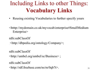 Including Links to other Things:
      Vocabulary Links
• Reusing existing Vocabularies to further specify yours

<htttp:/...