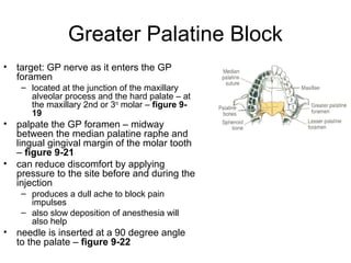 Greater Palatine Block
• target: GP nerve as it enters the GP
  foramen
    – located at the junction of the maxillary
      alveolar process and the hard palate – at
      the maxillary 2nd or 3rd molar – figure 9-
      19
• palpate the GP foramen – midway
  between the median palatine raphe and
  lingual gingival margin of the molar tooth
  – figure 9-21
• can reduce discomfort by applying
  pressure to the site before and during the
  injection
    – produces a dull ache to block pain
      impulses
    – also slow deposition of anesthesia will
      also help
• needle is inserted at a 90 degree angle
  to the palate – figure 9-22
 