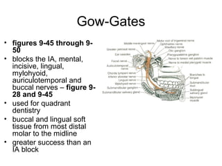 Gow-Gates
• figures 9-45 through 9-
  50
• blocks the IA, mental,
  incisive, lingual,
  mylohyoid,
  auriculotemporal and
  buccal nerves – figure 9-
  28 and 9-45
• used for quadrant
  dentistry
• buccal and lingual soft
  tissue from most distal
  molar to the midline
• greater success than an
  IA block
 