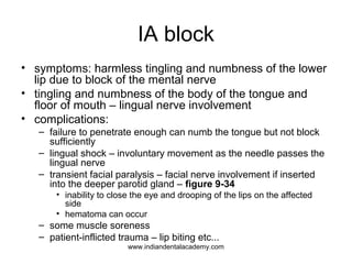 IA block
• symptoms: harmless tingling and numbness of the lower
lip due to block of the mental nerve
• tingling and numbn...