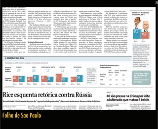 48% da preferência, segundo                                                                                                                                                                                                                                                                                   deWashingtonquenos
pesquisa CNN/ “Time Magazi-                                                                                                                                                                                                                                                                                   levouladeiraabaixo                     20
ne”/Opinion Research divulga-                                                                                                                                                                                                                                                                                 BARACKOBAMA
da ontem. No também crucial                                                                         O democrata Obama, que defende regulamentar mais o mercado              O republicano John McCain, que adotou a posição nesta semana                                                                      candidato democrata à Casa Branca
Ohio, com 20 votos, Obama li-
dera com 49% da preferência,
contra 47% de McCain —den-                                                                          dências antigas podem ser re-       colherão o presidente no Colé-      nante para o resultado final.      cia em Wall Street” pela crise.
tro da margem de erro da pes-                                                                       vertidas. Na Carolina do Norte,     gio Eleitoral, em dezembro. Es-       Nacionalmente, uma média            Há dúvidas se o presidente                                                                      MÉDIA DAS PESQUISAS
quisa, de 3 a 3,5 pontos percen-                                                                    onde o presidente George W.         ses votos ocorrem em bloco          de seis pesquisas tabulada pela    dos EUA tem constitucional-                                                                        NACIONAIS, EM %
tuais em qualquer direção.                                                                          Bush venceu por 12 pontos em        —quem vence na Flórida, por         CNN traz Obama com 47% da          mente o direito de remover o
  Para o diretor de pesquisas                                                                       2004, 47% dos eleitores             exemplo, leva todo o “pacote”       preferência e McCain, 45%. O       presidente da SEC, pois tenta-
da CNN, Keating Holland, “em                                                                        apóiam Obama, e 48%,                de 27 delegados do Estado.          índice indica um retorno à leve    tivas anteriores em outros ór-
Ohio, eleitores mais abastados                                                                      McCain.                             Vence quem tiver maioria sim-       vantagem democrata anterior        gãos foram consideradas abuso
se moveram em direção a                                                                               Em Indiana, Estado que não        ples, 270 dos 538 votos.            às convenções partidárias.         de poder.
McCain, e os de baixa renda fo-                                                                     elege um presidente democrata         A CNN estima que, se a elei-        Em meio à instabilidade dos         McCain também criticou o
ram mais para Obama”. “Apa-                                                                         desde 1964, a liderança de seis     ção fosse hoje, Obama teria 233     levantamentos, democrata e         vice democrata, o senador Joe
rentemente, a economia está                                                                         pontos de McCain sobre Oba-         votos no Colégio Eleitoral e        republicano mantiveram o foco      Biden, por propor elevar im-
dividindo cada vez mais os elei-                                                                    ma está na margem de erro. Já       McCain, 189. Outros 116 estão       na crise. A economia é a preo-     postos para famílias com renda                                                                       47,1
tores de acordo com sua faixa                                                                       em Wisconsin, em geral demo-        por ser conquistados.               cupação número um dos eleito-      superior a US$ 250 mil. “Subir                                                                                      45,2
de renda, ao menos em Ohio,                                                                         crata, Obama tem só três pon-         A pesquisa de ontem revelou       res, segundo pesquisas.            impostos em meio a uma crise
em um padrão clássico” de                                                                           tos de vantagem sobre o rival.      ainda que candidatos menores,         McCain, com posições cada        não é patriótico, é burrice.”
agrupamento nos partidos.                                                                                                               como o independente Ralph           vez mais agressivas, disse on-        Obama rebateu os comentá-                                                                         Barack         John
                                                                                                                                                                                                                                                                                                                    Obama          McCain
  Na Flórida, Holland avalia                                                                        Colégio Eleitoral                   Nader, somam 7% em Indiana,         tem que, se fosse presidente,      rios de McCain e procurou ligar
que ajuda McCain ainda a defe-                                                                        A eleição americana é indire-     6% na Flórida e em Ohio e 5%        demitiria o presidente da SEC,     o rival às políticas que possibili-                                                                 >> As eleições nos EUA são
sa do candidato à prospecção                                                                        ta. Em 4 de novembro, há a vo-      na Carolina do Norte. Não está      órgão regulador dos mercados       taram a atual crise. Em discur-                                                                     decididas no Colégio Eleitoral.
de petróleo e gás natural em al-                                                                    tação popular, cujos resultados     claro qual candidato majoritá-      nos EUA. Nesta semana, ele re-     so ontem no Novo México, ele                                                                        Em cada Estado, o vencedor
to mar, hoje proibida.                                                                              normalmente norteiam o voto         rio seria mais prejudicado, mas     verteu seu discurso anti-regu-     defendeu cortes de impostos de                                                                      leva todos os votos no
  A pesquisa indica que ten-                                                                        dos delegados estaduais que es-     o voto nanico pode ser determi-     lamentação e culpou “a ganân-      US$ 1.000 para a classe média.                                                                      Colégio Eleitoral (o número
                                                                                                                                                                                                                                                                                                                   de delegados de cada Estado
                                                                                                                                                                                                                                                                                                                   varia de acordo com sua
         A ELEIÇÃO NOS EUA                                                                                                                                                                                                                                                                                         população), à exceção de
                                                                                                                                                                                                                                                                                                                   Maine e Nebraska, onde os
         Pesquisa da CNN mostra empate em Estados decisivos                                                                                                                                                                                                                                                        delegados podem ser
                                                                                                                                                                                                                                                                                                                   divididos. Para vencer, são
                                                                                                                                                                                                        Projeção de delegados para o                                                                               necessários 270 votos
         Votos no                                     FLÓRIDA                                               OHIO      CAROLINA DO NORTE         INDIANA             WISCONSIN                           Colégio Eleitoral
                                                                                                                                                                                       >> Em todos
         Colégio
         Eleitoral                                         27                                               20                 15                   11                 10              os Estados, há
                                                                                                                                                                                       empate
                                                                                                                                                                                                                            John   Barack Indefinidos
                                                                                                                                                                                                                            McCain Obama
                                                                                                                                                                                       técnico, pois    Real Clear                                                                                                   Leia o blog Folha
                                                                                                                                                                                                                               216                       202                         120                             na sucessão de
                                          48                       48                                        49       48                   51                             50           as diferenças    Politics
                                                                                                                                                                                                                                                                                                                     Bush >>
         Pesquisa
         CNN, em %                                                                                 47                          47                   45         47                      estão dentro
                                                                                                                                                                                       das margens      CNN                    189                       233                         116                             www.folha.com.
                                                                                                                                                                                       de erro                                                                                                                       br/082352
                                         John                       Barack                         John      Barack   John     Barack      John     Barack    John     Barack
                                         McCain                     Obama                          McCain    Obama    McCain   Obama       McCain   Obama     McCain   Obama                            Pollster               208                       202                         128
         Fonte: Real Clear Politics




                                                                                                                                                                                                                     ÁSIA
RiceesquentaretóricacontraRússia                                                                                                                                                                                     40sãopresosnaChinaporleite
Secretária de Estado acusa Moscou de “agressividade paranóica”; tom contrasta com o de secretário da Defesa
                                                                                                                                                                                                                     adulteradoquematou4bebês
                                                                                                                                                                                                                   ........................................................................................
                                                                                                                                                                                                                   RAUL JUSTE LORES
                                                                                                                                                                                                                                                                                                              ma, para comprar leite em pó
................................................................................................
DO “FINANCIAL TIMES”
                                                                                                    disse Rice no German Marshall       contrastou com as declarações       res russos à Venezuela não pre-        DE PEQUIM                                                                                  importado de outros países.
                                                                                                    Fund, em Washington.                do secretário de Defesa norte-      judicará a influência dos EUA                                                                                                        Em Pequim, prateleiras de
   A secretária de Estado ame-                                                                         Os EUA tentam reformular         americano, Robert Gates, que        na América Latina, numa refe-             Mais de 40 pessoas estão                                                                supermercados ficaram va-
ricana, Condoleezza Rice, fez                                                                       sua política para a Rússia, que     adota uma posição “realista”        rência à aproximação militar           presas pelo escândalo do lei-                                                              zias ao serem retiradas as 22

Folha de Sao Paulo
ontem suas mais severas críti-                                                                      até o mês passado tinha por fo-     em relação a Moscou.                de Caracas com Moscou.                 te em pó adulterado que já                                                                 marcas onde foi constatada
cas à Rússia até o momento,                                                                         co reparar as relações com             Em visita a Londres para           “Nós confiamos em que os la-         matou quatro bebês na Chi-                                                                 presença de melamina.
acusando Moscou de autorita-                                                                        Moscou depois do que o Krem-        uma reunião de ministros de         ços com nossos vizinhos de ne-         na. O prefeito da cidade onde                                                                 Para reduzir custos, pro-
rismo doméstico, “agressivida-                                                                      lin vê como uma série de insul-     Defesa da Otan, ele reagiu com      nhuma maneira serão diminuí-           fica a estatal Sanlu, uma das                                                              dutores colocavam água no
de paranóica” no exterior e de                                                                      tos nos anos de George W. Bush      frieza aos apelos dos países do     dos por uns poucos e velhos            empresas que vendia leite                                                                  leite e depois adicionavam a
estar percorrendo “um cami-                                                                         —da ampliação da Otan, a            Leste Europeu por um com-           bombardeiros visitando uma             adulterado, foi expulso do                                                                 substância química que é ri-
nho sem volta” rumo ao isola-                                                                       aliança militar ocidental, para     promisso mais robusto com a         das poucas autocracias da              cargo pelo Partido Comunis-                                                                ca em nitrogênio, usado co-
mento internacional.                                                                                países de sua antiga área de in-    defesa dos países da aliança        América Latina”, criticou Rice.        ta. A diretora da empresa foi                                                              mo medida na hora de se afe-
 