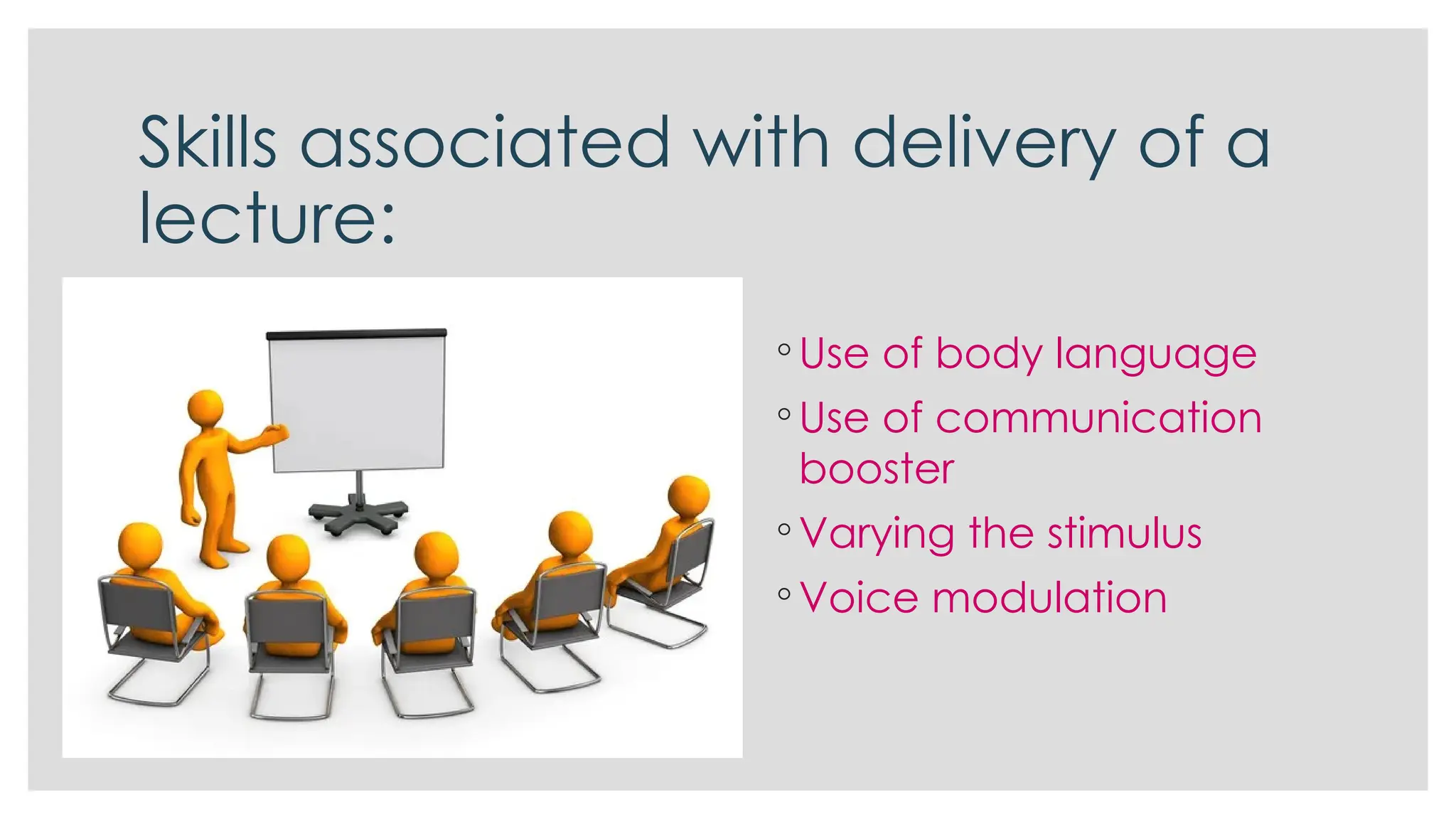 Skills associated with delivery of a
lecture:
◦ Use of body language
◦ Use of communication
booster
◦ Varying the stimulus
◦ Voice modulation
 