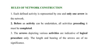 1. Each defined activity is represented by one and only one arrow in
the network.
2. Before an activity can be undertaken, all activities preceding it
must be completed.
3. The arrows depicting various activities are indicative of logical
procedure only. The length and bearing of the arrows are of no
significance.
RULES OF NETWORK CONSTRUCTION
 