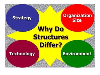 Strategy
Why Do
Structures
Differ?
Organization
Size
Technology Environment
 