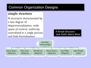 Common Organization Designs
A Simple Structure:
Jack Gold’s Men’s Store
 