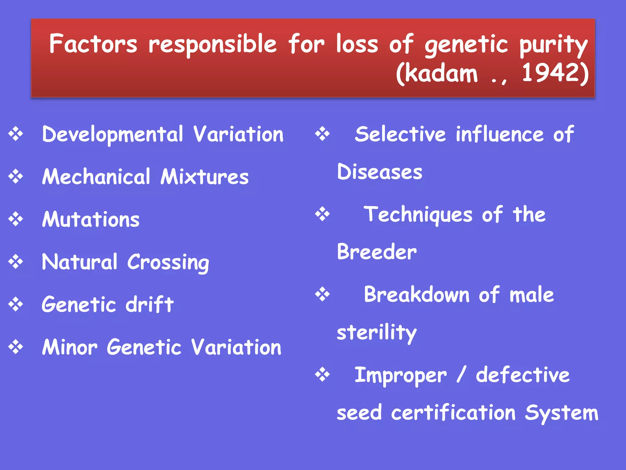 Factors responsible for loss of genetic purity
(kadam ., 1942)
 Developmental Variation
 Mechanical Mixtures
 Mutations
 Natural Crossing
 Genetic drift
 Minor Genetic Variation
 Selective influence of
Diseases
 Techniques of the
Breeder
 Breakdown of male
sterility
 Improper / defective
seed certification System
 