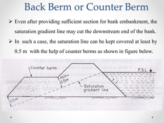 Back Berm or Counter Berm
 Even after providing sufficient section for bank embankment, the
saturation gradient line may cut the downstream end of the bank.
 In such a case, the saturation line can be kept covered at least by
0.5 m with the help of counter berms as shown in figure below.
 