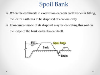 Spoil Bank
 When the earthwork in excavation exceeds earthworks in filling,
the extra earth has to be disposed of economically.
 Economical mode of its disposal may be collecting this soil on
the edge of the bank embankment itself.
 