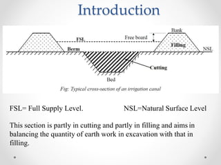 Introduction
FSL= Full Supply Level. NSL=Natural Surface Level
This section is partly in cutting and partly in filling and aims in
balancing the quantity of earth work in excavation with that in
filling.
 