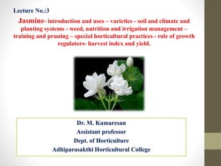Dr. M. Kumaresan
Assistant professor
Dept. of Horticulture
Adhiparasakthi Horticultural College
Jasmine- introduction and uses – varieties - soil and climate and
planting systems - weed, nutrition and irrigation management –
training and pruning – special horticultural practices - role of growth
regulators- harvest index and yield.
Lecture No.:3
 