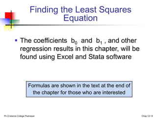 Ph.D Islamia College Peshawar Chap 12-14
Finding the Least Squares
Equation
 The coefficients b0 and b1 , and other
regression results in this chapter, will be
found using Excel and Stata software
Formulas are shown in the text at the end of
the chapter for those who are interested
 