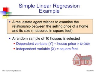 Ph.D Islamia College Peshawar Chap 12-16
Simple Linear Regression
Example
 A real estate agent wishes to examine the
relationship between the selling price of a home
and its size (measured in square feet)
 A random sample of 10 houses is selected
 Dependent variable (Y) = house price in $1000s
 Independent variable (X) = square feet
 