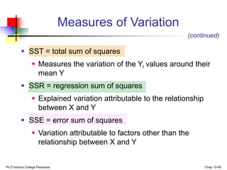 Ph.D Islamia College Peshawar Chap 12-40
 SST = total sum of squares
 Measures the variation of the Yi values around their
mean Y
 SSR = regression sum of squares
 Explained variation attributable to the relationship
between X and Y
 SSE = error sum of squares
 Variation attributable to factors other than the
relationship between X and Y
(continued)
Measures of Variation
 