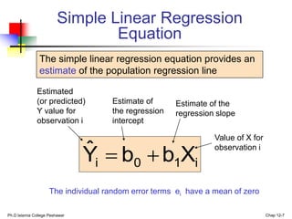 Ph.D Islamia College Peshawar Chap 12-7
i
1
0
i X
b
b
Ŷ 

The simple linear regression equation provides an
estimate of the population regression line
Simple Linear Regression
Equation
Estimate of
the regression
intercept
Estimate of the
regression slope
Estimated
(or predicted)
Y value for
observation i
Value of X for
observation i
The individual random error terms ei have a mean of zero
 