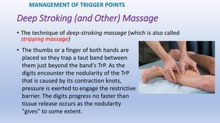 Deep Stroking (and Other) Massage
• The technique of deep-stroking massage (which is also called
stripping massage)
MANAGEMENT OF TRIGGER POINTS
• The thumbs or a finger of both hands are
placed so they trap a taut band between
them just beyond the band's TrP. As the
digits encounter the nodularity of the TrP
that is caused by its contraction knots,
pressure is exerted to engage the restrictive
barrier. The digits progress no faster than
tissue release occurs as the nodularity
"gives" to some extent.
 