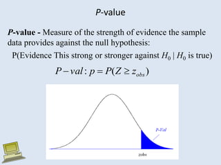 P-value
P-value - Measure of the strength of evidence the sample
data provides against the null hypothesis:
P(Evidence This strong or stronger against H0 | H0 is true)
)
(
: obs
z
Z
P
p
val
P 


 
