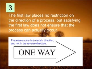 The first law places no restriction on
the direction of a process, but satisfying
the first law does not ensure that the
process can actually occur.
Processes occur in a certain direction,
and not in the reverse direction.
3
 