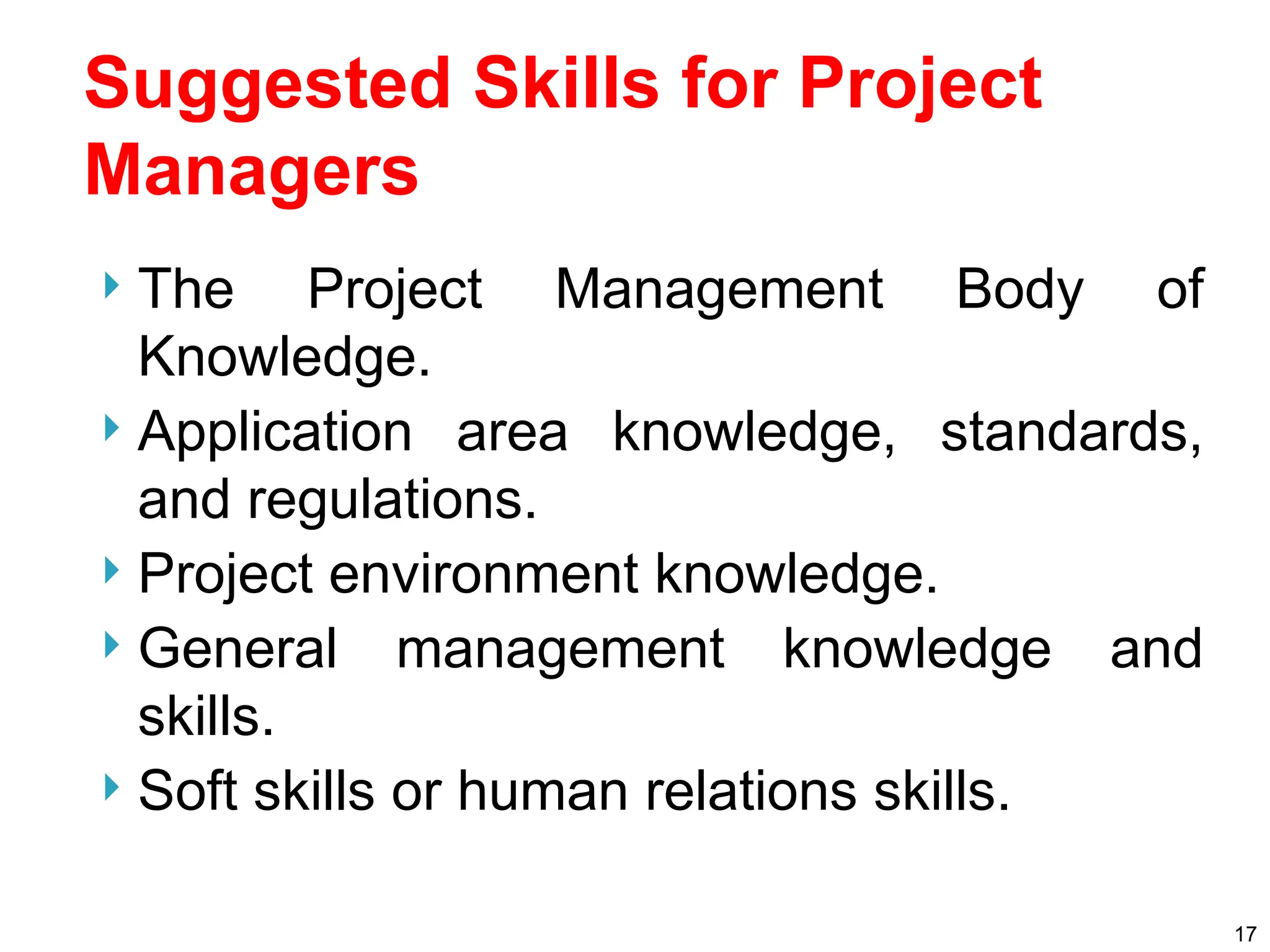 Suggested Skills for Project
Managers
 The Project Management Body of
Knowledge.
 Application area knowledge, standards,
and regulations.
 Project environment knowledge.
 General management knowledge and
skills.
 Soft skills or human relations skills.
17
 