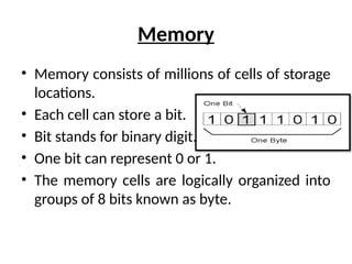 Memory
• Memory consists of millions of cells of storage
locations.
• Each cell can store a bit.
• Bit stands for binary digit..
• One bit can represent 0 or 1.
• The memory cells are logically organized into
groups of 8 bits known as byte.
 