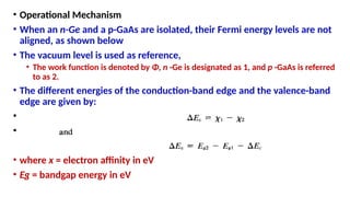 • Operational Mechanism
• When an n-Ge and a p-GaAs are isolated, their Fermi energy levels are not
aligned, as shown below
• The vacuum level is used as reference,
• The work function is denoted by Φ, n -Ge is designated as 1, and p -GaAs is referred
to as 2.
• The different energies of the conduction-band edge and the valence-band
edge are given by:
•
•
• where x = electron affinity in eV
• Eg = bandgap energy in eV
 