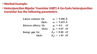 • Worked Example:
• Heterojunction Bipolar Transistor (HBT) A Ge-GaAs heterojunction
transistor has the following parameters:
 