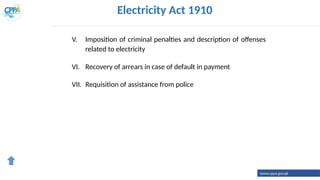 Electricity Act 1910
V. Imposition of criminal penalties and description of offenses
related to electricity
VI. Recovery of arrears in case of default in payment
VII. Requisition of assistance from police
www.cppa.gov.pk
 