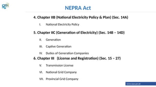 4. Chapter IIB (National Electricity Policy & Plan) (Sec. 14A)
I. National Electricity Policy
5. Chapter IIC (Generation of Electricity) (Sec. 14B – 14D)
II. Generation
III. Captive Generation
IV. Duties of Generation Companies
6. Chapter III (License and Registration) (Sec. 15 – 27)
V. Transmission License
VI. National Grid Company
VII. Provincial Grid Company
NEPRA Act
www.cppa.gov.pk
 