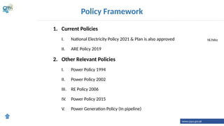 1. Current Policies
I. National Electricity Policy 2021 & Plan is also approved
II. ARE Policy 2019
2. Other Relevant Policies
I. Power Policy 1994
II. Power Policy 2002
III. RE Policy 2006
IV. Power Policy 2015
V. Power Generation Policy (In pipeline)
Policy Framework
www.cppa.gov.pk
NE Policy
 