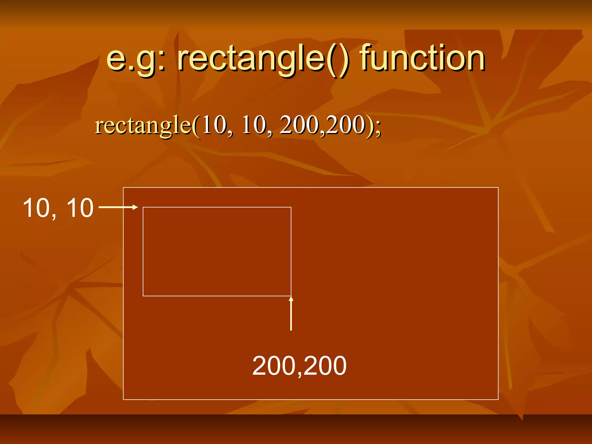e.g: rectangle() function
         rectangle(10, 10, 200,200);


10, 10




                       200,200
 