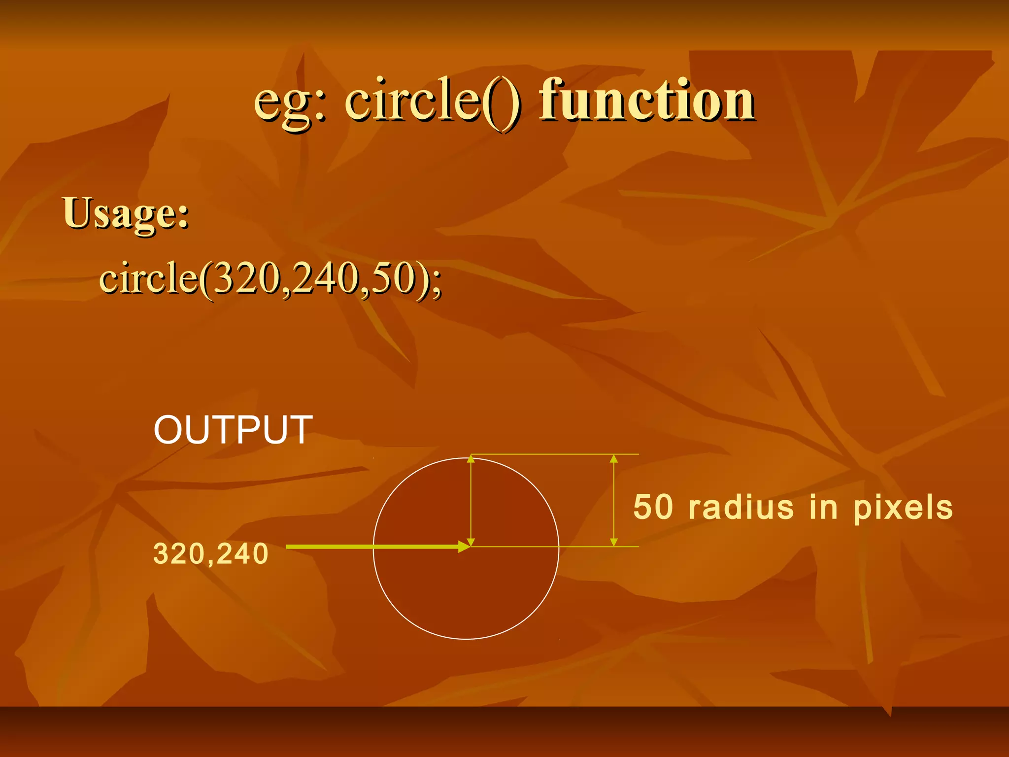 eg: circle() function
Usage:
 circle(320,240,50);


    OUTPUT
                         50 radius in pixels
    320,240
 