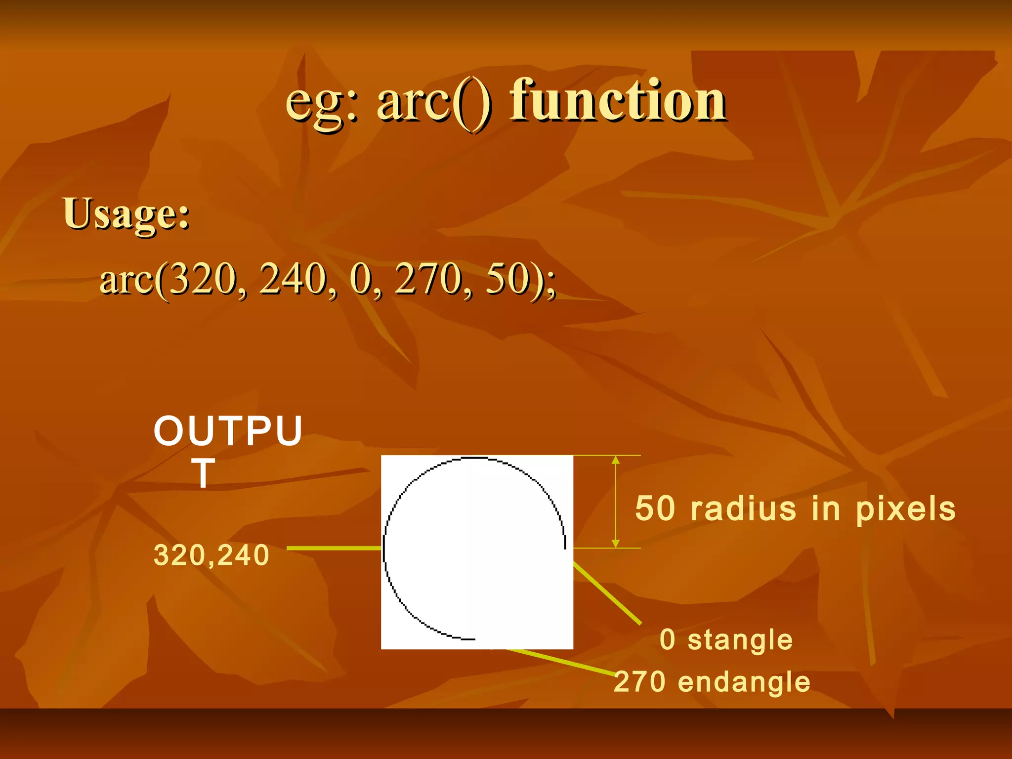 eg: arc() function
Usage:
 arc(320, 240, 0, 270, 50);


     OUTPU
      T
                               50 radius in pixels
     320,240


                                 0 stangle
                              270 endangle
 