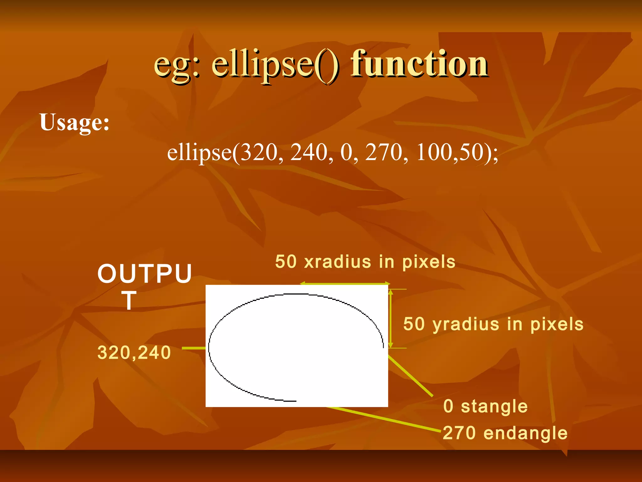 eg: ellipse() function
Usage:
          ellipse(320, 240, 0, 270, 100,50);



                     50 xradius in pixels
    OUTPU
     T
                                   50 yradius in pixels
    320,240


                                       0 stangle
                                       270 endangle
 