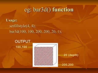 eg: bar3d() function
Usage:
  setfillstyle(4, 4);
  bar3d(100, 100, 200, 200, 20, 1);

     OUTPUT
      100,100


                                       20 (depth)


                                      200,200
 