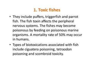 1. Toxic fishes
• They include puffers, triggerfish and parrot
fish. The fish toxin affects the peripheral
nervous systems...