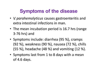Symptoms of the disease
• V
. parahemolyticus causes gastroenteritis and
extra intestinal infections in man.
• The mean in...