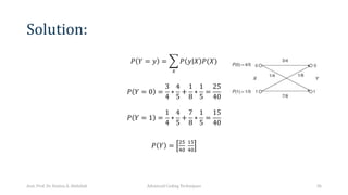 Solution:
𝑃 𝑌 = 𝑦 = I
*
𝑃 𝑦 𝑋 𝑃(𝑋)
𝑃 𝑌 = 0 =
3
4
∗
4
5
+
1
8
∗
1
5
=
25
40
𝑃 𝑌 = 1 =
1
4
∗
4
5
+
7
8
∗
1
5
=
15
40
𝑃 𝑌 =
"+
#,
!+
#,
Asst. Prof. Dr. Hamsa A. Abdullah Advanced Coding Techniques 36
 