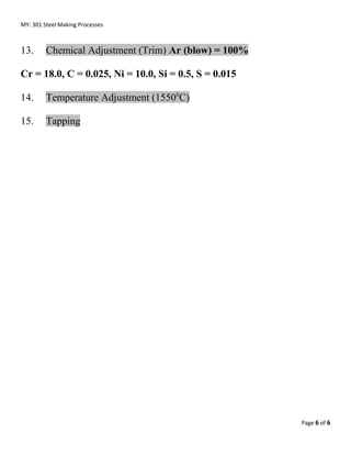 MY: 301 Steel Making Processes
13. Chemical Adjustment (Trim) Ar (blow) = 100%
Cr = 18.0, C = 0.025, Ni = 10.0, Si = 0.5, S = 0.015
14. Temperature Adjustment (15500
C)
15. Tapping
Page 6 of 6
 