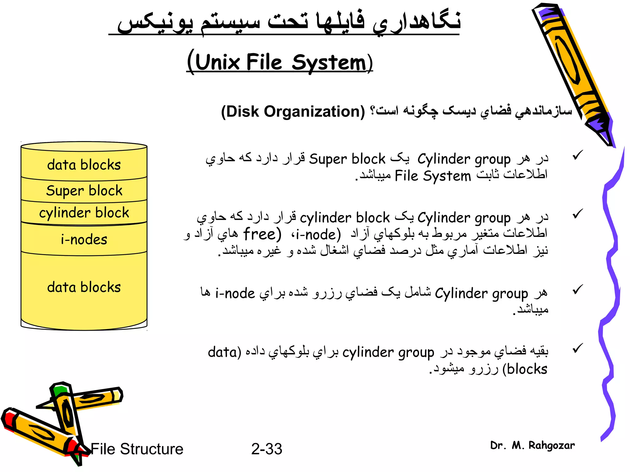 2-33File Structure Dr. M. Rahgozar
‫نگاهدار‬‫ي‬‫فا‬‫ي‬‫سيستم‬ ‫تحت‬ ‫لها‬‫ي‬‫ون‬‫ي‬‫کس‬
)Unix File System(
‫سازمانده‬‫ي‬‫فضا‬‫ي‬‫د‬‫ي‬) ‫است؟‬ ‫چگونه‬ ‫سک‬Disk Organization(
‫هر‬ ‫در‬Cylinder group‫يک‬Super block‫حاوي‬ ‫که‬ ‫دارد‬ ‫قرار‬
‫ثابت‬ ‫اطلاعات‬File System‫ميباشد‬.
‫هر‬ ‫در‬Cylinder group‫يک‬cylinder block‫حاوي‬ ‫که‬ ‫دارد‬ ‫قرار‬
‫آزاد‬ ‫بلوکهاي‬ ‫به‬ ‫مربوط‬ ‫متغير‬ ‫اطلاعات‬)free) ،i-node‫و‬ ‫آزاد‬ ‫هاي‬
‫ميباشد‬ ‫غيره‬ ‫و‬ ‫شده‬ ‫اشغال‬ ‫فضاي‬ ‫درصد‬ ‫مثل‬ ‫آماري‬ ‫اطلاعات‬ ‫نيز‬.
‫هر‬Cylinder group‫براي‬ ‫شده‬ ‫رزرو‬ ‫فضاي‬ ‫يک‬ ‫شامل‬i-node‫ها‬
‫ميباشد‬.
‫در‬ ‫موجود‬ ‫فضاي‬ ‫بقيه‬cylinder group‫داده‬ ‫بلوکهاي‬ ‫براي‬)data
blocks(‫ميشود‬ ‫رزرو‬.
data blocks
i-nodes
cylinder block
Super block
data blocks
 
