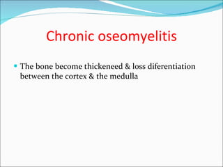 Chronic oseomyelitis <ul><li>The bone become thickeneed & loss diferentiation between the cortex & the medulla  </li></ul>