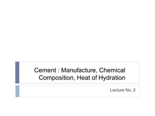 Cement : Manufacture, Chemical
Composition, Heat of Hydration
Lecture No. 2
 