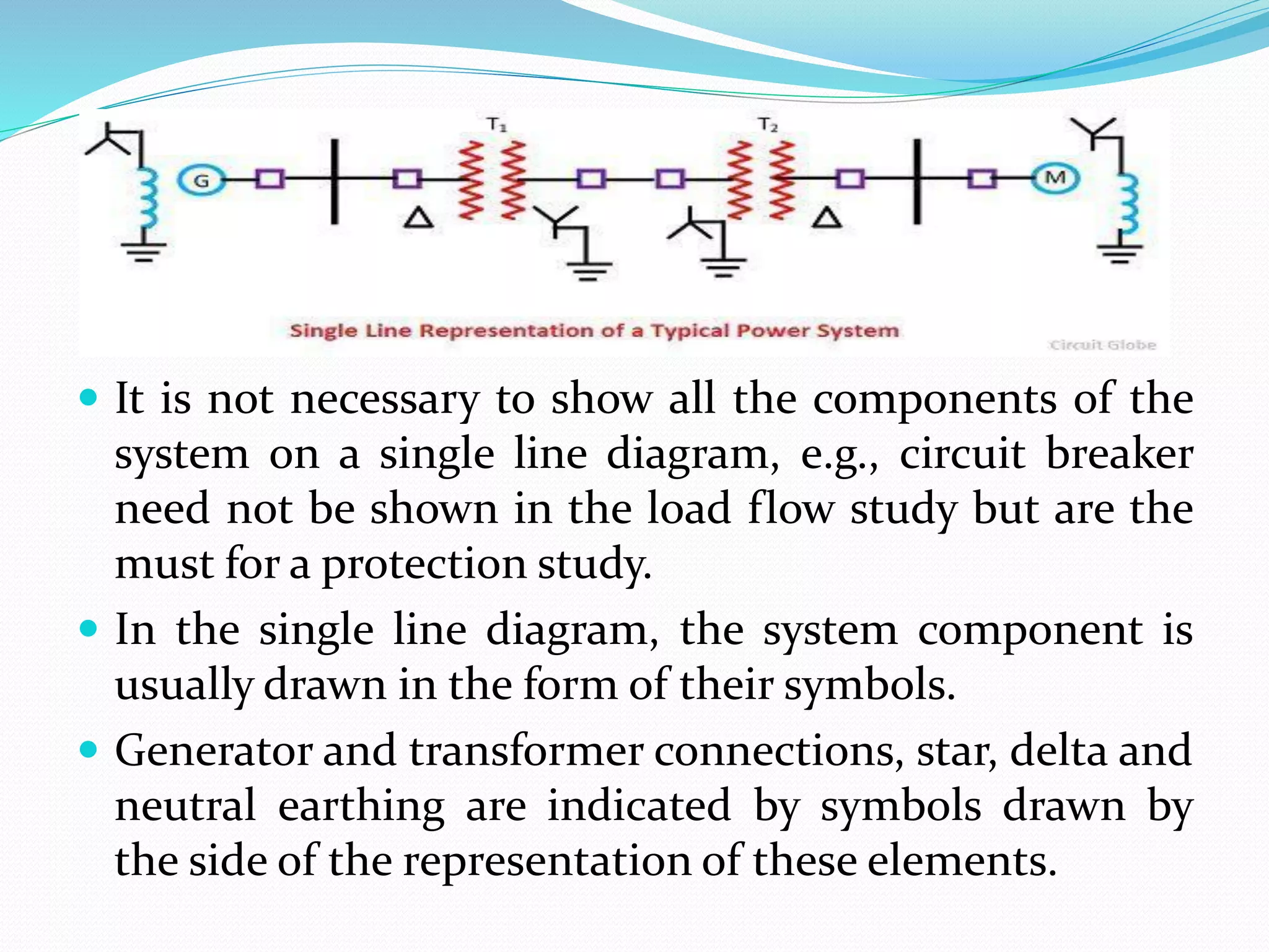  It is not necessary to show all the components of the
system on a single line diagram, e.g., circuit breaker
need not be shown in the load flow study but are the
must for a protection study.
 In the single line diagram, the system component is
usually drawn in the form of their symbols.
 Generator and transformer connections, star, delta and
neutral earthing are indicated by symbols drawn by
the side of the representation of these elements.
 