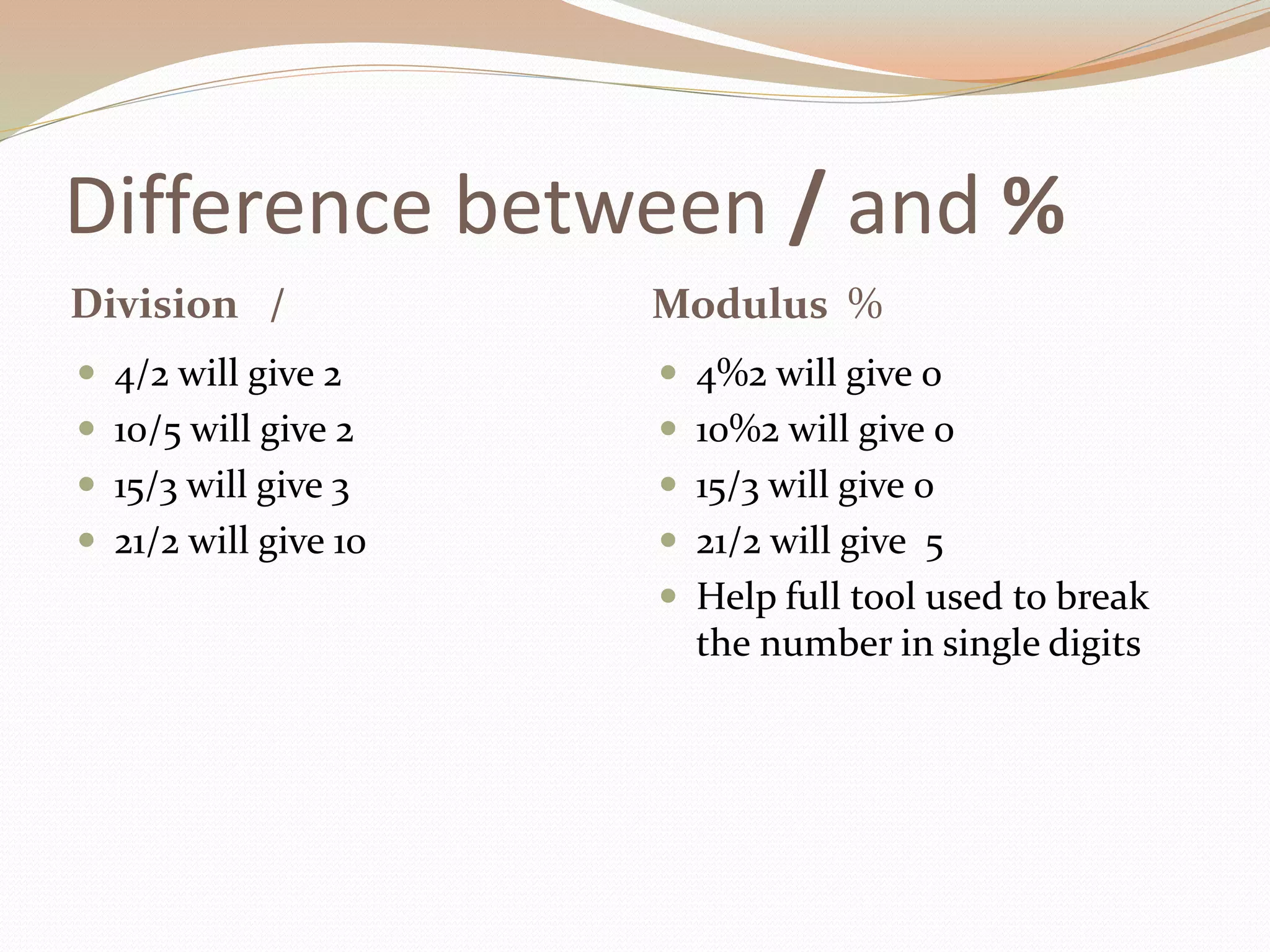 Difference between / and %
Division / Modulus %
 4/2 will give 2
 10/5 will give 2
 15/3 will give 3
 21/2 will give 10
 4%2 will give 0
 10%2 will give 0
 15/3 will give 0
 21/2 will give 5
 Help full tool used to break
the number in single digits
 