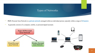 17
Types of Networks
 PAN: Personal Area Network is a private network arranged within an individual person, typically within a range of 10 meters
 It generally consists of a computer, mobile, or personal digital assistant.
 