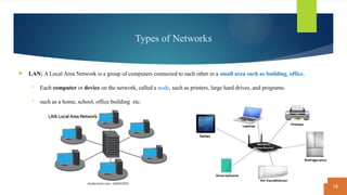 18
Types of Networks
 LAN: A Local Area Network is a group of computers connected to each other in a small area such as building, office.
 Each computer or device on the network, called a node, such as printers, large hard drives, and programs.
 such as a home, school, office building etc.
 