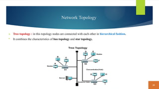25
Network Topology
4. Tree topology : in this topology nodes are connected with each other in hierarchical fashion.
 It combines the characteristics of bus topology and star topology.
 