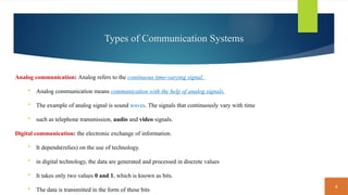 6
Types of Communication Systems
Analog communication: Analog refers to the continuous time-varying signal.
 Analog communication means communication with the help of analog signals.
 The example of analog signal is sound waves. The signals that continuously vary with time
 such as telephone transmission, audio and video signals.
Digital communication: the electronic exchange of information.
 It depends(relies) on the use of technology.
 in digital technology, the data are generated and processed in discrete values
 It takes only two values 0 and 1, which is known as bits.
 The data is transmitted in the form of these bits
 