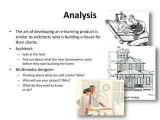 Analysis 
• The art of developing an e-learning product is 
similar to architects who is building a house for 
their clients. 
• Architect: 
– look at the land 
– find out about what the new homeowners want 
before they start building the home 
• Multimedia designer: 
– Thinking about what you will create? Why? 
– Who will use your project? Why? 
– What do they need to know 
or do? 
 