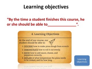 Learning objectives 
“By the time a student finishes this course, he 
or she should be able to______________”. 
 
