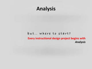 Analysis 
Every instructional design project begins with 
Analysis 
 