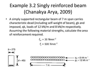 Example 3.2 Singly reinforced beam
(Chanakya Arya, 2009)
• A simply supported rectangular beam of 7 m span carries
characteristic dead (including self-weight of beam), gk and
imposed, qk, loads of 12 kN/m and 8 kN/m respectively.
Assuming the following material strengths, calculate the area
of reinforcement required.
 